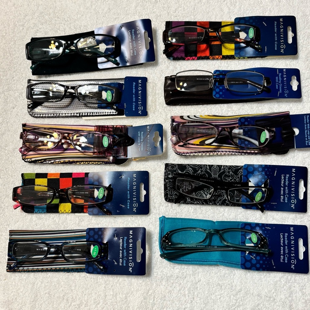 10pcs Magnivision Reading Glasses Set with assorted colorful case+1.50 #001